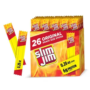 Slim Jim Smoked Meat Sticks, Original Flavor Pork & Beef Jerky Bakkwa, 6g Protein Per Serving, 0.28 oz Snack Size, 26-Count Dry Snacks, 3-Month Shelf Life, Bagged for Cupboard Storage, Easter Basket Stuffer