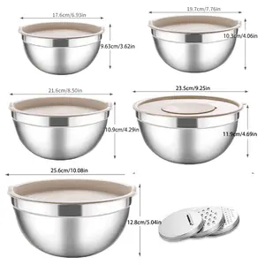 13-Piece Set (5 Mixing Bowls + 5 Bowl Lids + 3 Graters) Stainless Steel Mixing Bowl Set with Sealing Lids Kitchen Tool Set, Dishwasher Safe, Salad Bowls, Egg Beater, Mixing Salads, Stirring