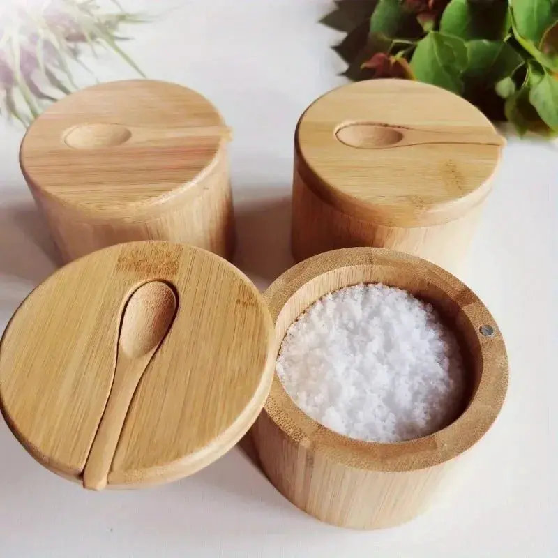 Bamboo Salt & Cooking Canister Set Pack, Simple Look Storage Bottles and Jars with Spoons, Home Organizer Supplies