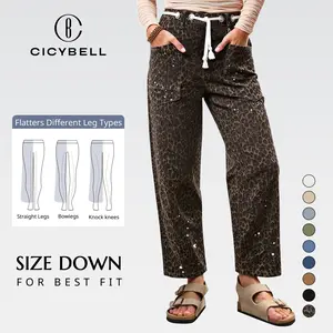 Cicy Bell Womens Baggy Barrel Horseshoe Jeans Wide Leg Drawstring Vintage Denim Pants with Front Pockets