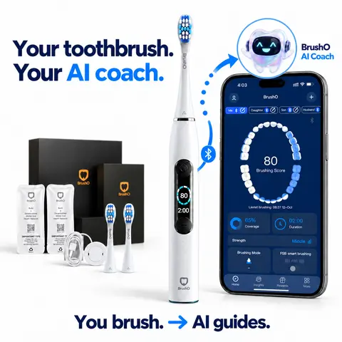 BrushO AI Smart Sonic Electric Toothbrush for Adults - Cleansing, Real-Time Brushing Feedback, App Tracking, Pressure Sensor, 8 Brushing Modes, TFT Color Display, Qi Wireless Charging, IPX7 Water Resistant, 45 Day Long Battery, Selfcare Essential