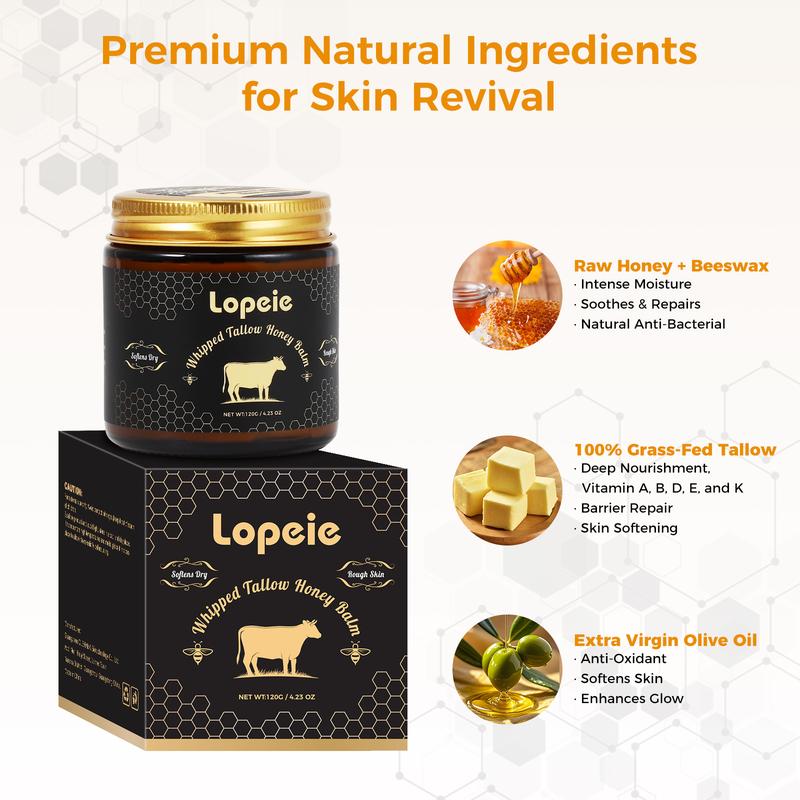 Lopeie Whipped Grass-Fed Beef Tallow Honey Balm - 4 Oz,Moisturizing Cream for Soft, Smooth Skin - Handmade All-Natural Moisturizer - Lavender,hydrating, comfort, moisture boost cream, luminous firming cream, body care, hydrating dry skin