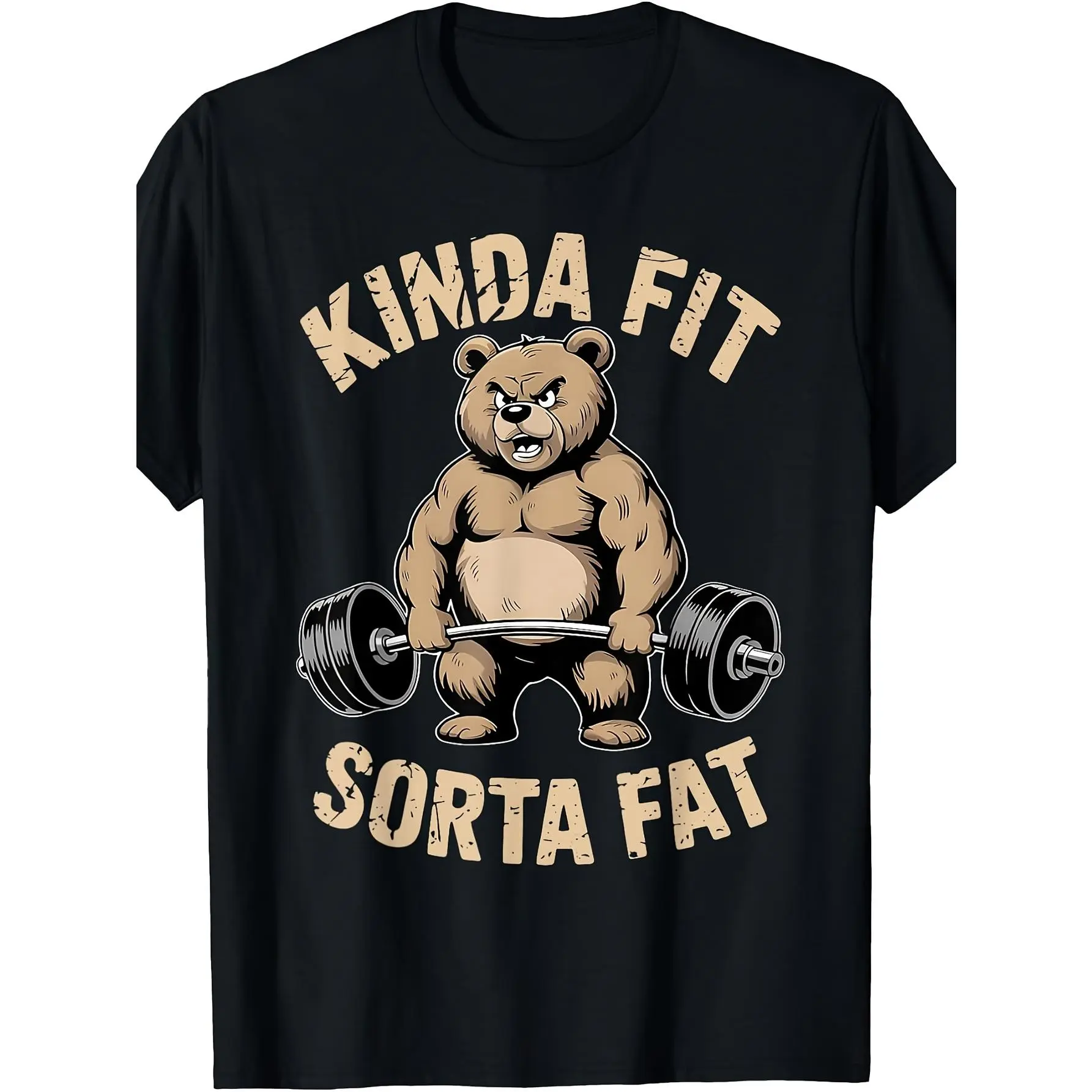 Men's Vintage Funny Graphic Short-Sleeve Stretch Fabric Menswear T-Shirt - Round Neck "Kinda Fit Sorta" Slogan Polyester Top, Machine Washable for Gym, Casual Wear