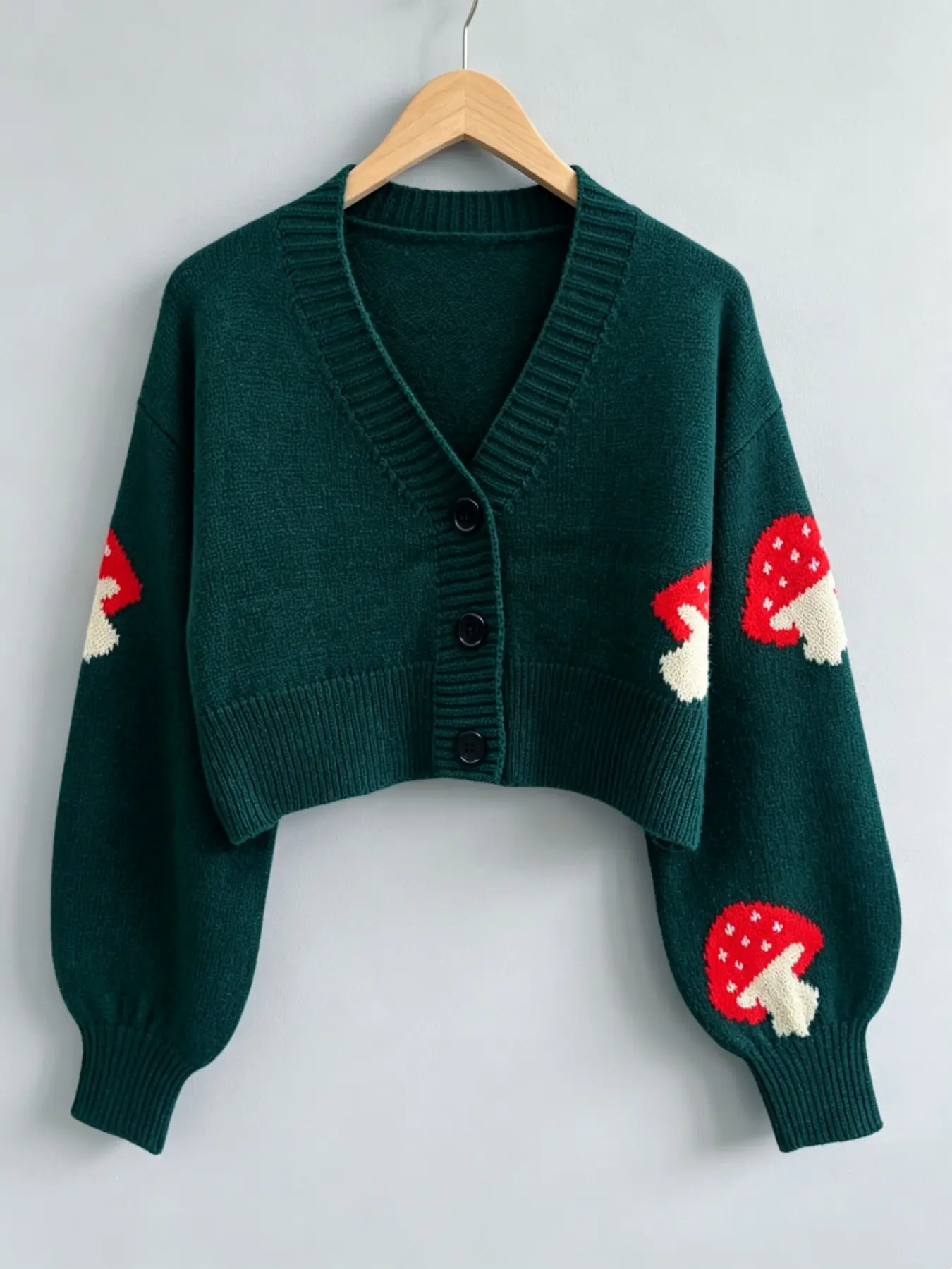 Women's Knit Cardigan, V-Neck Button Long Sleeve Cute Mushroom Pattern, College Style, Casual, Short Waist Reveal, Fashionable Ladies' Sweater, All Seasons, Button Front Knitwear
