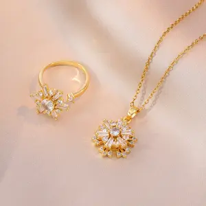 2PCS Snowflake Rotating Jewelry Set, Necklace for Women Snowflake Micro-Inlaid Flower Zircon Rotating Set Titanium Steel Necklace Ring
