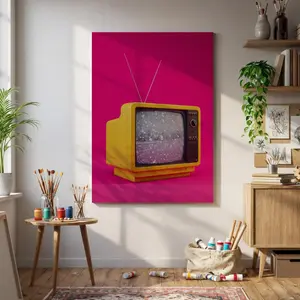 A wall decoration featuring a retro poster of a vintage yellow TV with a pink background. This vibrant pop art canvas painting provides a unique and artistic touch, making it an ideal decoration for living rooms and bedrooms