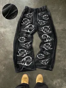 Men's Casual Cotton Sport Pants, Devil Teeth Print, Streetwear Style, Drawstring Waist, Ankle Length, All Seasons, Perfect for Gifts, Casual Comfy Pants