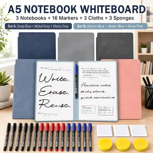 【3 Books 16 Pieces Set】Reusable Whiteboard Notebook Dry Erase Practice Draft Book with PET Whiteboard Surface 18-Piece Set with 9 Pens&3 Sponge Wipe Infinite Write and Wipe Notebook for Math Homework Study Notes Sketching Planning Students Teachers Office