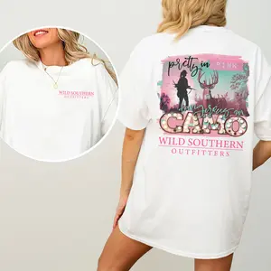 Pretty In Camo Wild Southern Shirt, Pink Camo Hunting T-shirt, Simply Printed Graphic Shirt, Daily Casual Cotton Womenswear
