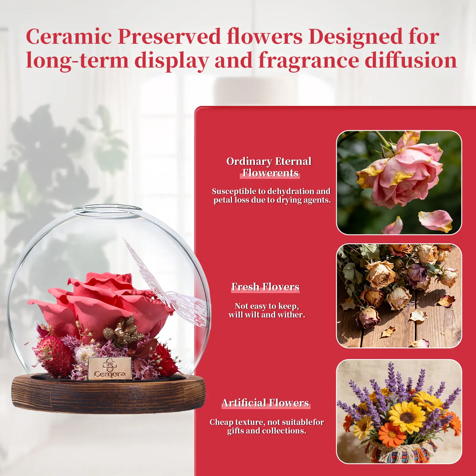 Ceramic Preserved Red Rose with Glass Dome & Ceramic Stone Fragrance Oil Diffuser - Long-Lasting Scent Home Supplies, Aromatherapy - Luxury Gift for Her, All Seasons Occasion Gift