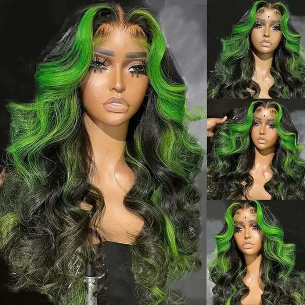 QD-Tizer Green Highlights Lace Front Wigs for Women Body Wave Ombre Green mixed Black Color Glueless Curly Wave Wigs Free Part Long Wavy Curly 13x4 Soft Lace Wigs Comfortable Suitable for Daily Wear & Special Occasions Wig