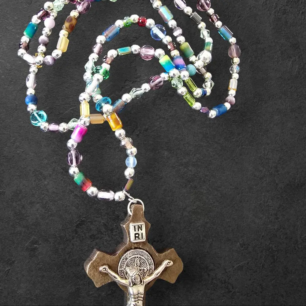Multi colored glass beaded St Benedict Crucifix necklace