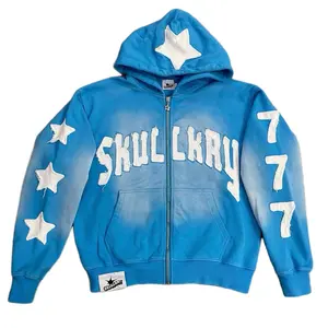 SkullKry Zip-Up Hoodie - Blue, Unisex, 400 Gsm, Comfortable & Warm, Custom Zipper, Star Pattern on Sleeves