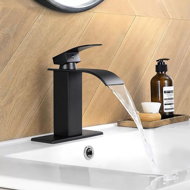 Bathroom Faucet Matte Black Modern Waterfall Bathroom Sink Faucet with Single Handle Suitable for 1 or 3 Holes,Supply Deck Plate and Hose