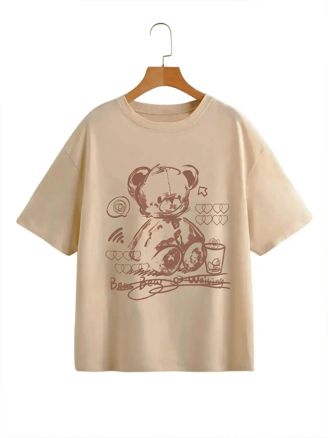 Women's Cartoon Bear Print Round Neck Drop Shoulder Fitted Tee, Cute Casual Short Sleeve Jersey T-shirt Graphic Tees Women for Daily Wear, Ladies Tops Clothes for All Seasons Womenswear