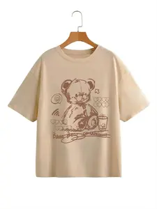 Women's Cartoon Bear Print Round Neck Drop Shoulder Fitted Tee, Cute Casual Short Sleeve Jersey T-shirt for Daily Wear, Ladies Tops Clothes for All Seasons Womenswear