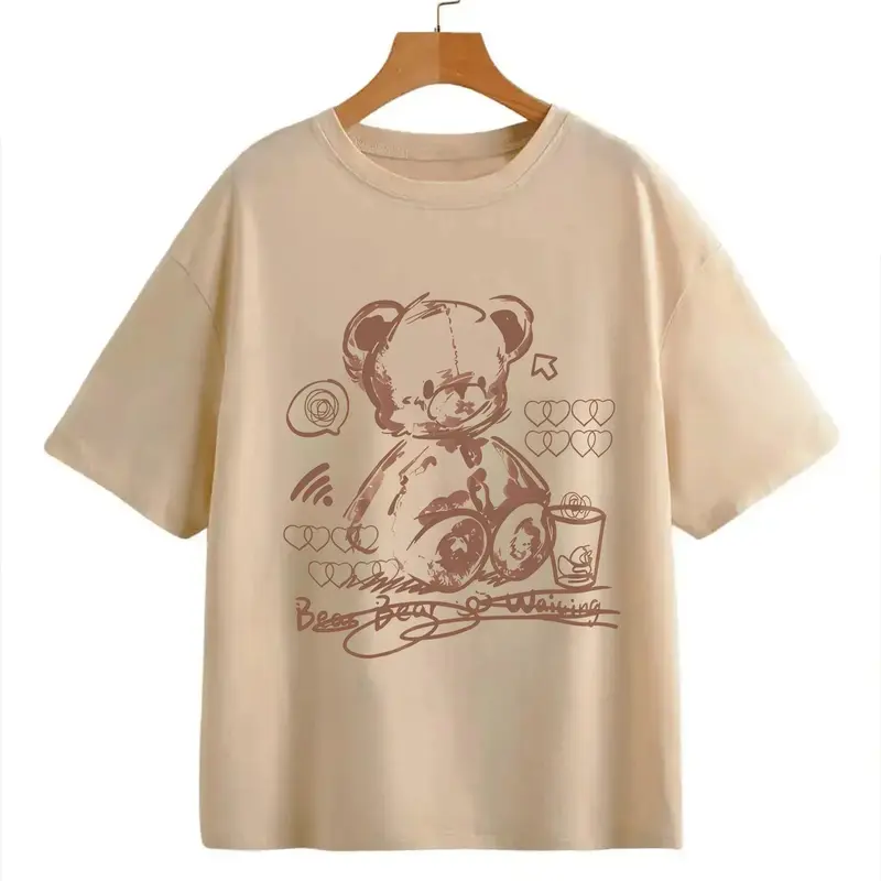 Women's Cartoon Bear Print Round Neck Drop Shoulder Fitted Tee, Casual Trendy Tee, Cute Casual Short Sleeve Jersey T-shirt for Daily Wear, Ladies Tops Clothes for All Seasons Womenswear