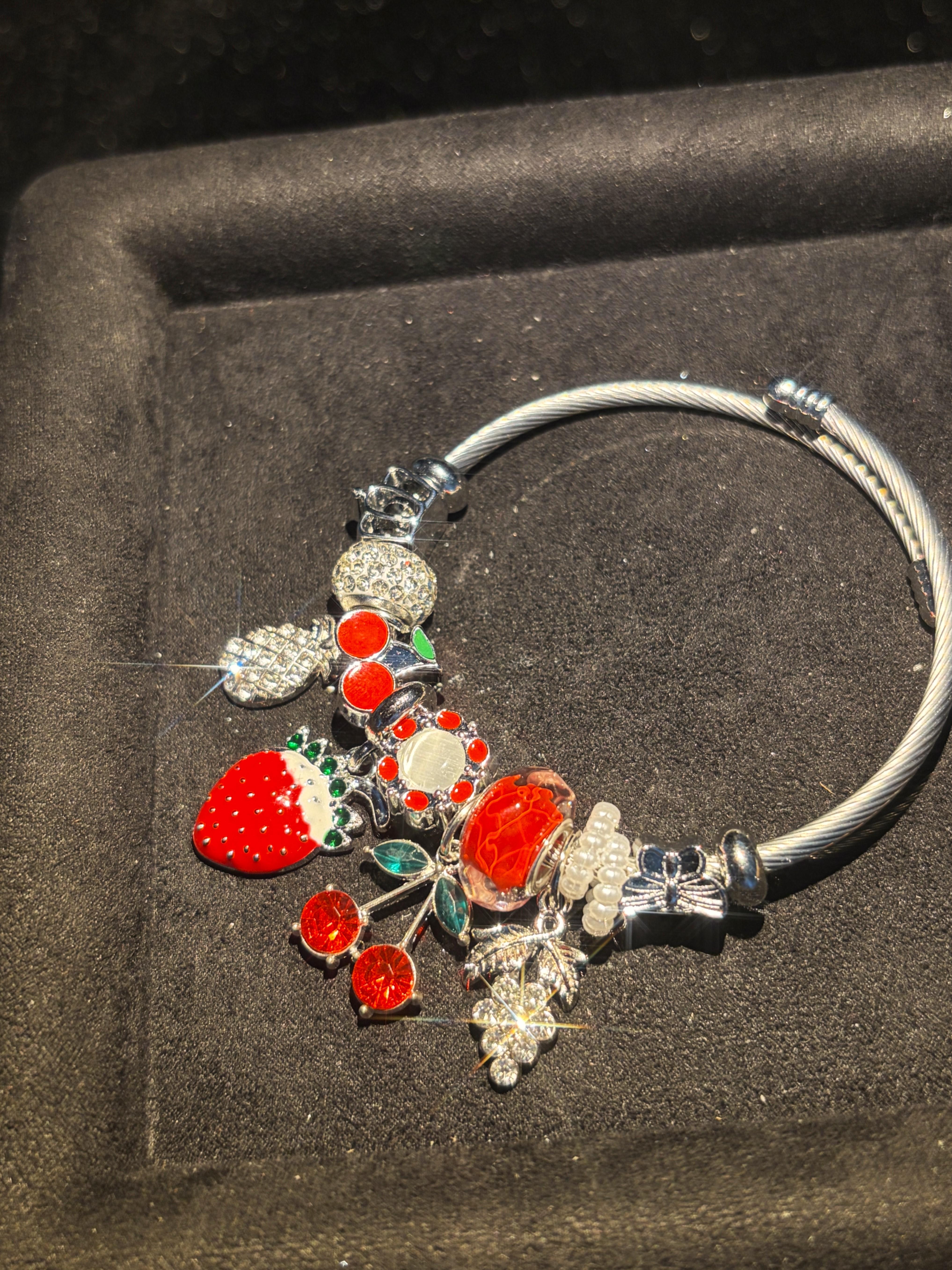 Silver-Tone Open Twist Wire Cuff Bangle, Vibrant Fruit-Themed Charm Bracelet with Strawberry, Cherry, Grape Dangles, Sweet Summer Holiday Gift Jewelry
