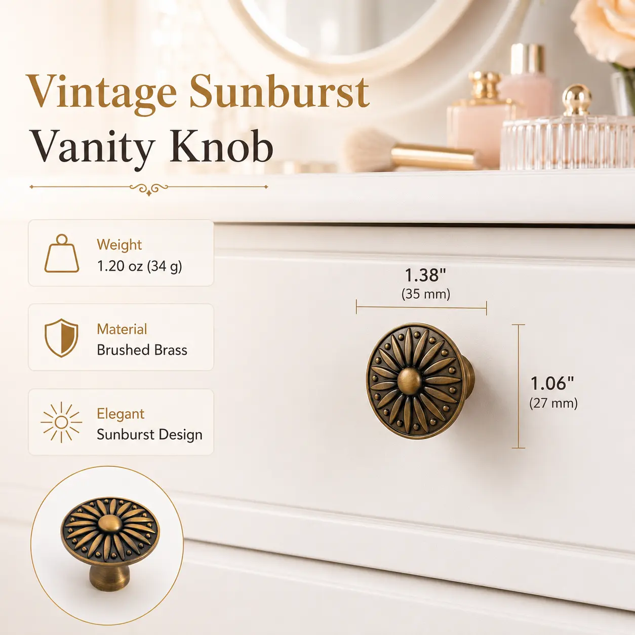 FUSOU 15Pcs Vintage Sunburst Vanity Drawer Knob,Zinc Alloy,  Dresser Drawer Handles, Cabinet Knobs, Drawer Pulls, Furniture Hardware, Decorative Furniture Knobs, Replacement Cabinet Handles, Drawer Knobs with Screws