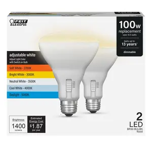 Feit Electric 100 Watt Replacement Adjustable White E26 BR30 Shape Dimmable LED Light Bulb 2 Pack