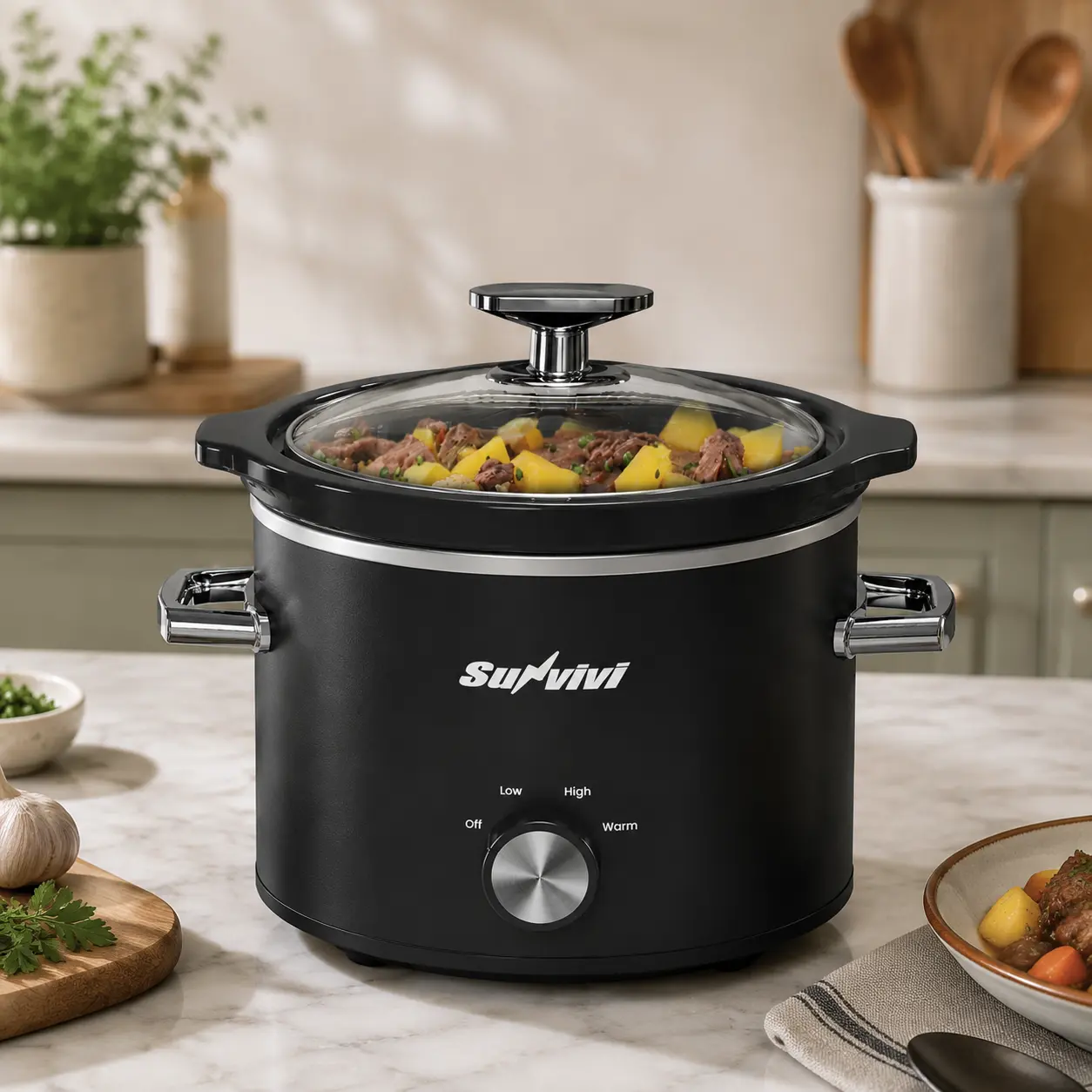 Sunvivi 2 Qt Small Slow Rice Cooker - 100W Programmable Slow Cooker for Singles, Removable Ceramic Pot, 3 Heating Settings, Dishwasher-Safe Glass Lid, Anti-Slip Ft, Food Warmer, Anti-Slip Feet，dishwasher-safe part
