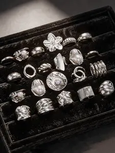 22-Piece Metal Imitation Pearl Ring Set, Vintage Floral Geometric Design, Wide Band Statement Rings, Stackable Finger Rings, Party Date Birthday Gift Jewelry