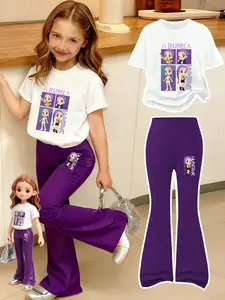 Girls Kpop Cartoon Print Set, Round Neck Short Sleeve T-Shirt & Bell Bottom Pants, Comfortable Elastic Waist, Spring Summer Casual Wear, Casual Outfit Set