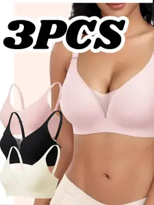 3pcs-Women's Seamless Push-Up Bra Set, No Steel Ring Design, Deep V Mesh Fabric, Anti-Sagging Sports Back Support, Pack of 3