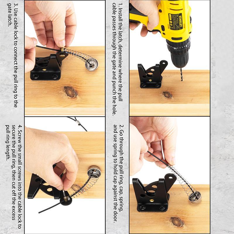 Self Locking Gate Latch with Spring Cable Pull, Automatic Gravity Lever Gate Fence Door Lock, Door Security Lock for Wooden Fence/Vinyl Door/Aluminum Gate