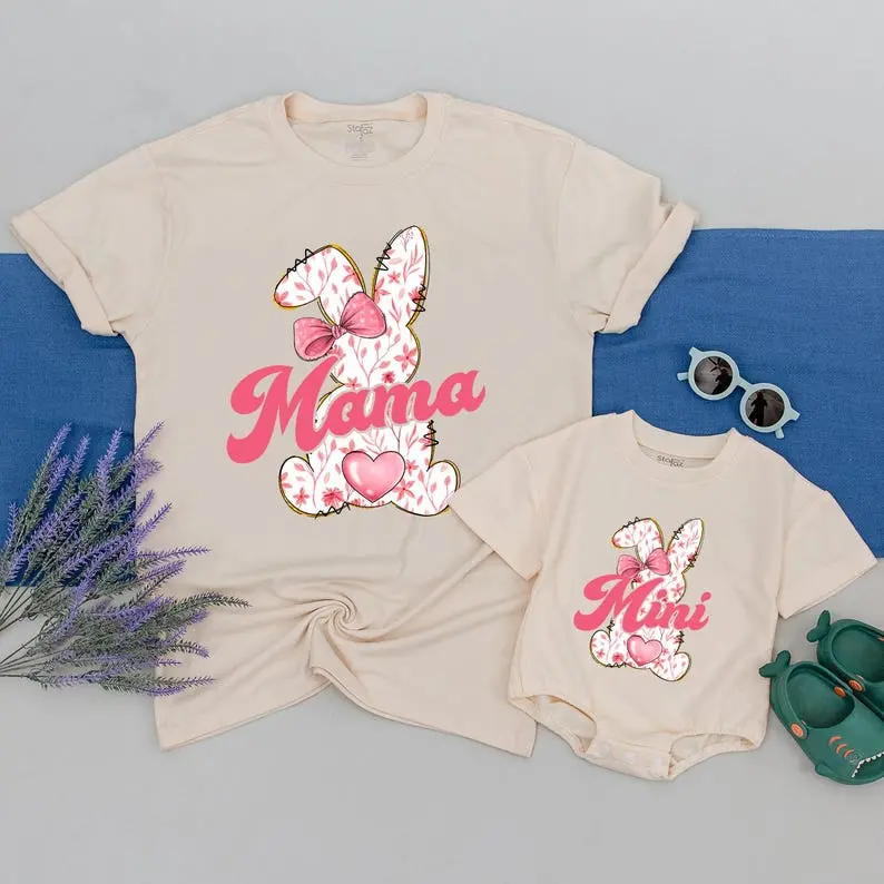 Custom Mama and Mini Easter Bunny Pink Bow Shirt, Bunny Pink Bow Easter, Trending Bow Toddler Easter Shirt, Happy Easter Day Gift, Mommy and Me