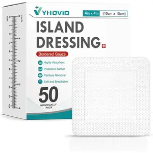 50 Count 4" x 4" Bordered Gauze Island Dressing, Individually Wrapped Gauze Pads, Non-Stick Center Pad with Adhesive Border, Wound Care Bandages for First Aid