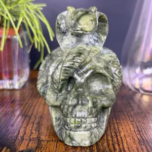 Green Jade Skull with Snake Crystal Carving