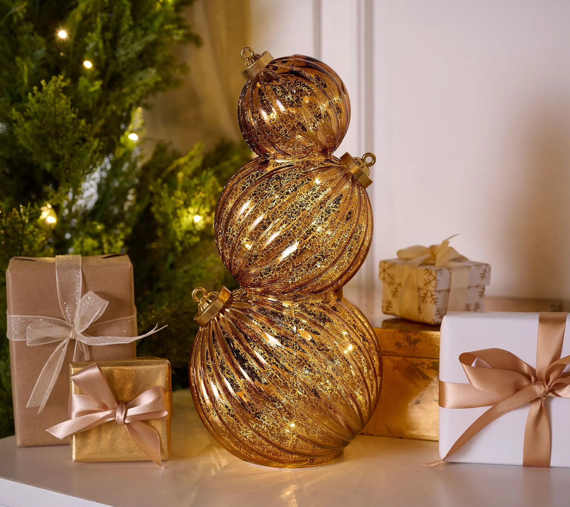 14" Lit Stacked Fluted Mercury Glass Ornaments by Valerie