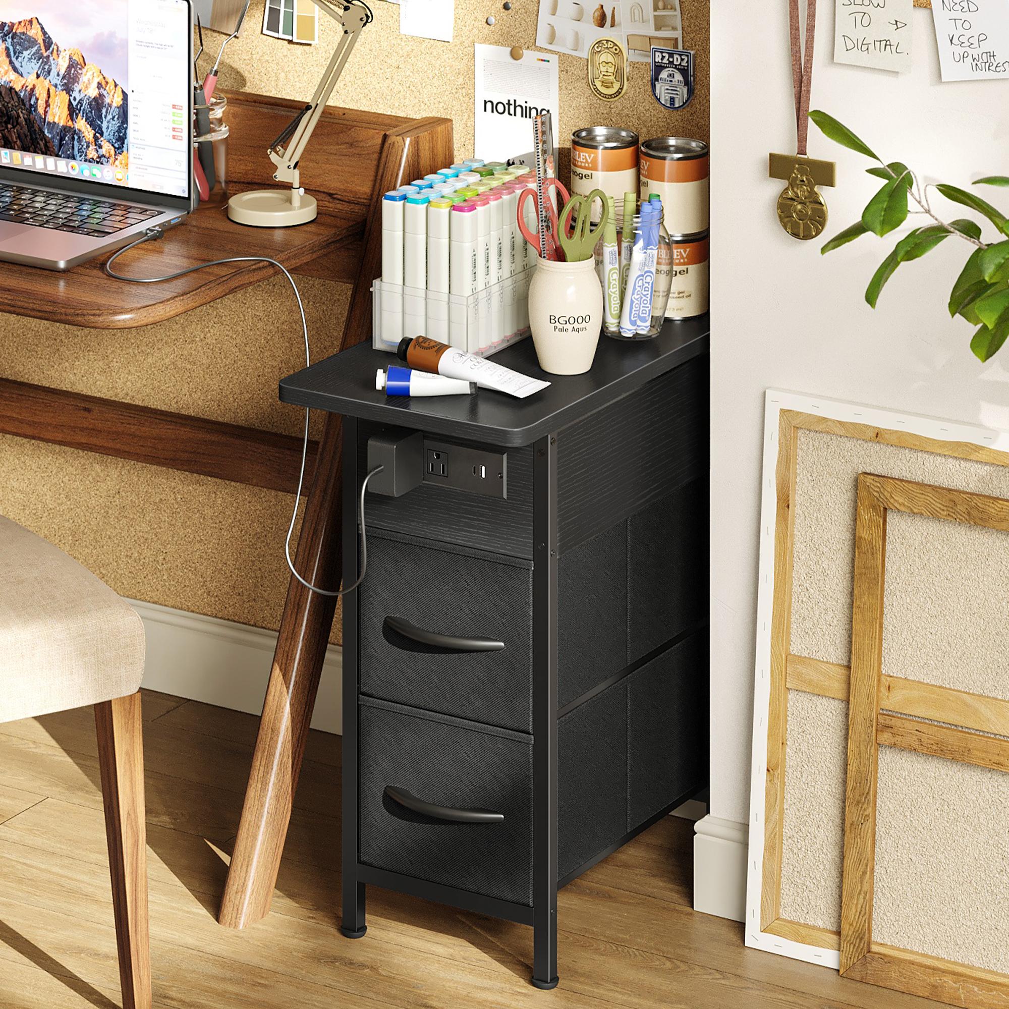 Huuger Narrow End Table with Charging Station, Flip Top Side Table with 2 Fabric Drawers, Slim Night Stand with USB-C Port for Small Spaces, Nightstand Bedside Couch Table, Living Room
