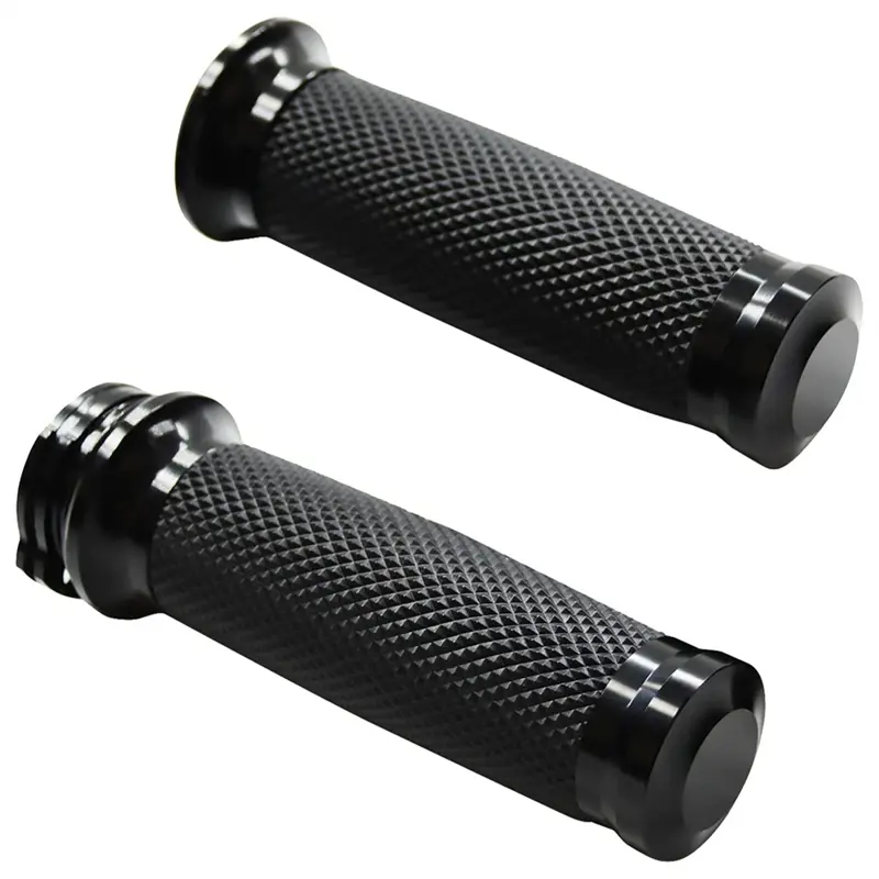Black Aluminum CNC Machined Rubber Motorcycle Hand Grips - 1in Inner Hole Size, Slot Track Design, Rust & Corrosion Resistant, Vibration Dampening, Direct Replacement, Easy Install & Clean, Fits Harley Touring, Sportster 883-1200, XR, Suzuki Handle Bars,