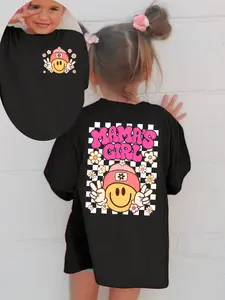 Girls' "MAMA'S GIRL" Smiley Face Checkerboard Graphic T-Shirt, Kids Short Sleeve Crewneck Tee, Retro Floral & Mom Love Casual Top