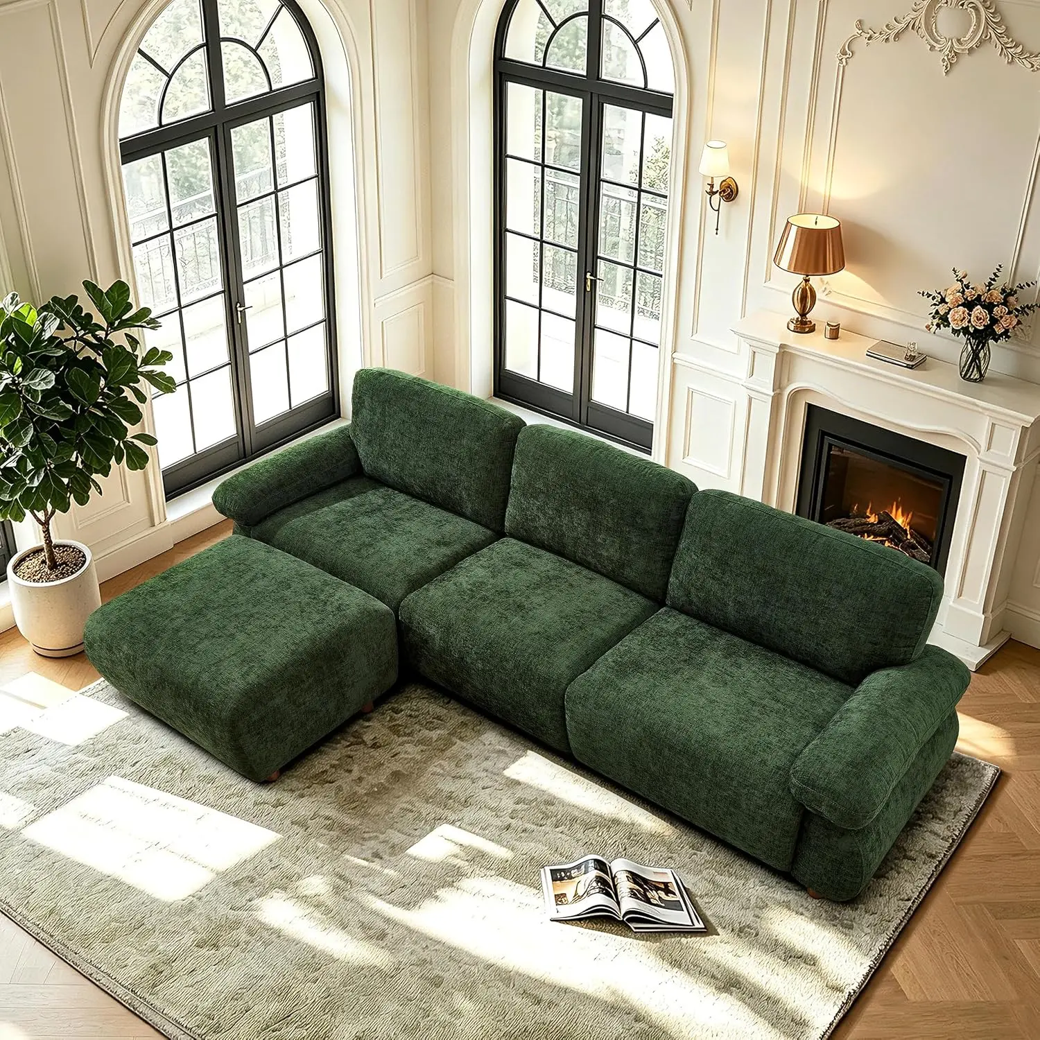 111" L-Shape Sectional Sofa with Ottoman, Premium Chenille Fabric, High-Density Foam + Spring Support, Solid Wood Short Legs, for Living Room, Apartment, Lounge(Dark Green)
