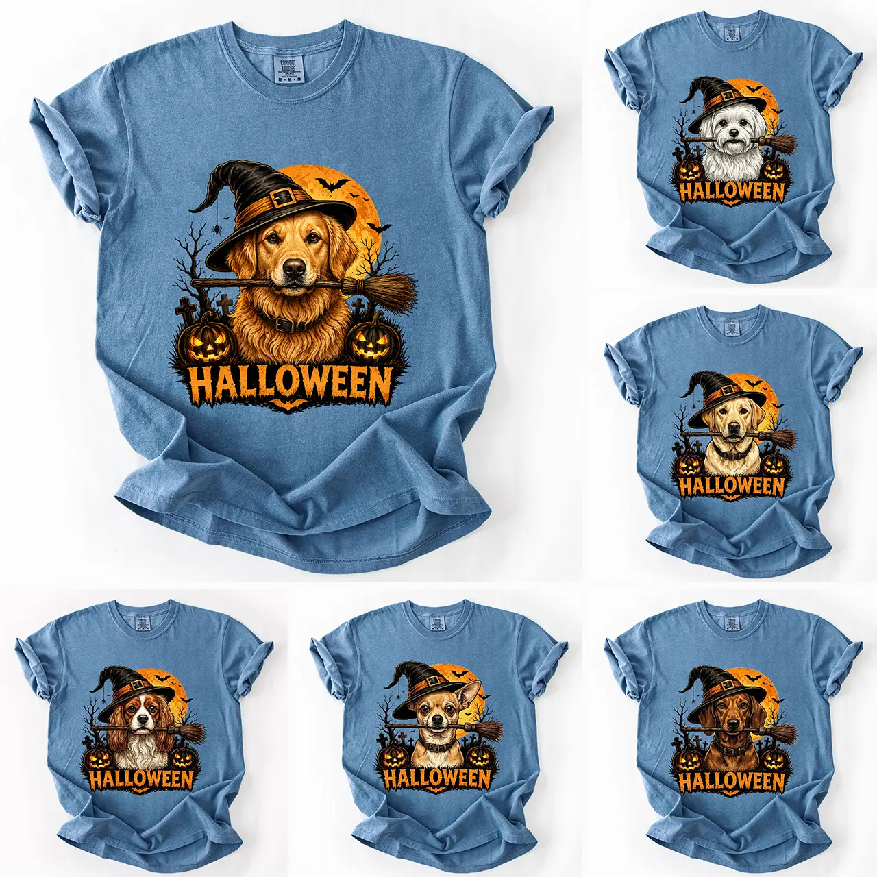 Comfort Colors 50+ Dog Breeds Halloween Dog Shirt,  Dog Breeds Available Witch Hat Pumpkin Tee, Golden Retriever Husky Frenchie Dachshund German Shepherd Graphic Shirt, Spooky Dog Mom Dog Lover Gift, Halloween Shirt, Gift for Dog Lovers