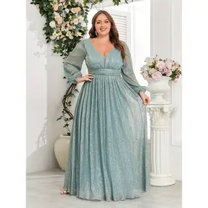 Plus Size Women Dress V-neck Long Sleeves Sparking Fairy Dress Elegant Style For Prom Wedding Party Ladies Attire Bridesmaid Dress Waist Modification Design Womenswear Light Blue