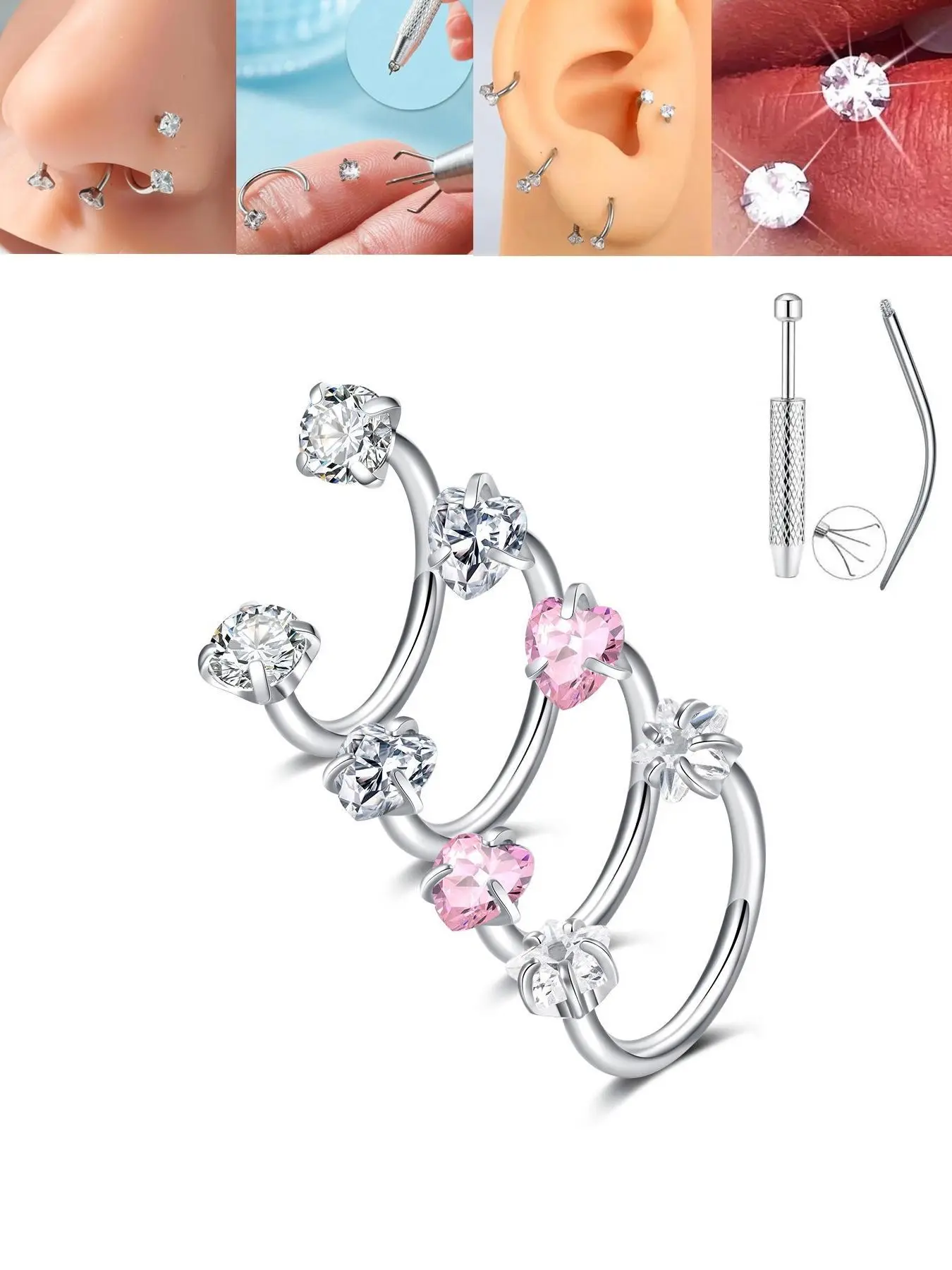 Stainless Steel CZ Inlaid Nose Ring for Women, 18 g Heart-and-Star Design Cartilage and Lip Jewelry, Fashion Body Piercing Accessory