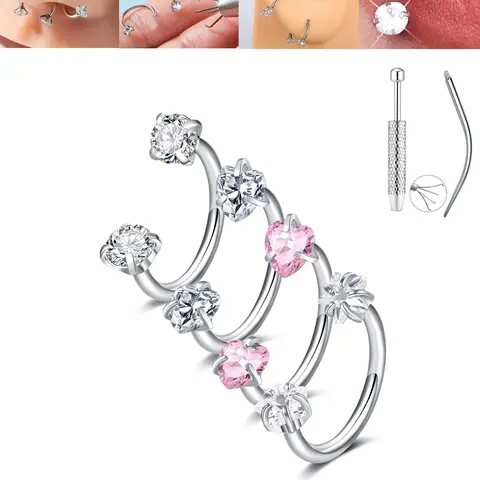 Stainless Steel CZ Inlaid for Women, 18 g Heart-and-Star Design Cartilage and Lip Jewelry, Fashion Body Piercing Accessory, Piercings Jewelry