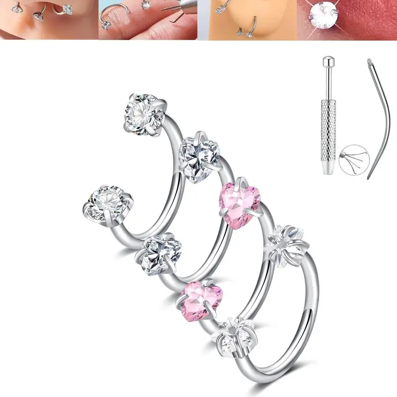 Stainless Steel CZ Inlaid for Women, 18 g Heart-and-Star Design Cartilage and Lip Jewelry, Fashion Body Piercing Accessory, Piercings Jewelry