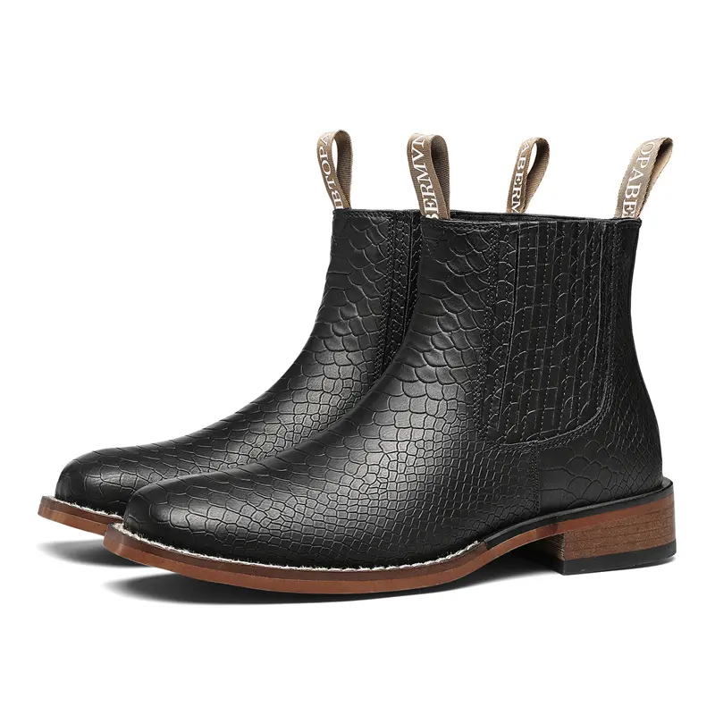 KVONE new men’s boots, crocodile-embossed square-toe Chelsea work ankle boots, leather Western-style boots, country-style work boots, comfortable and safe footwear, casual and fashionable, multifunctional men’s Chelsea boots
