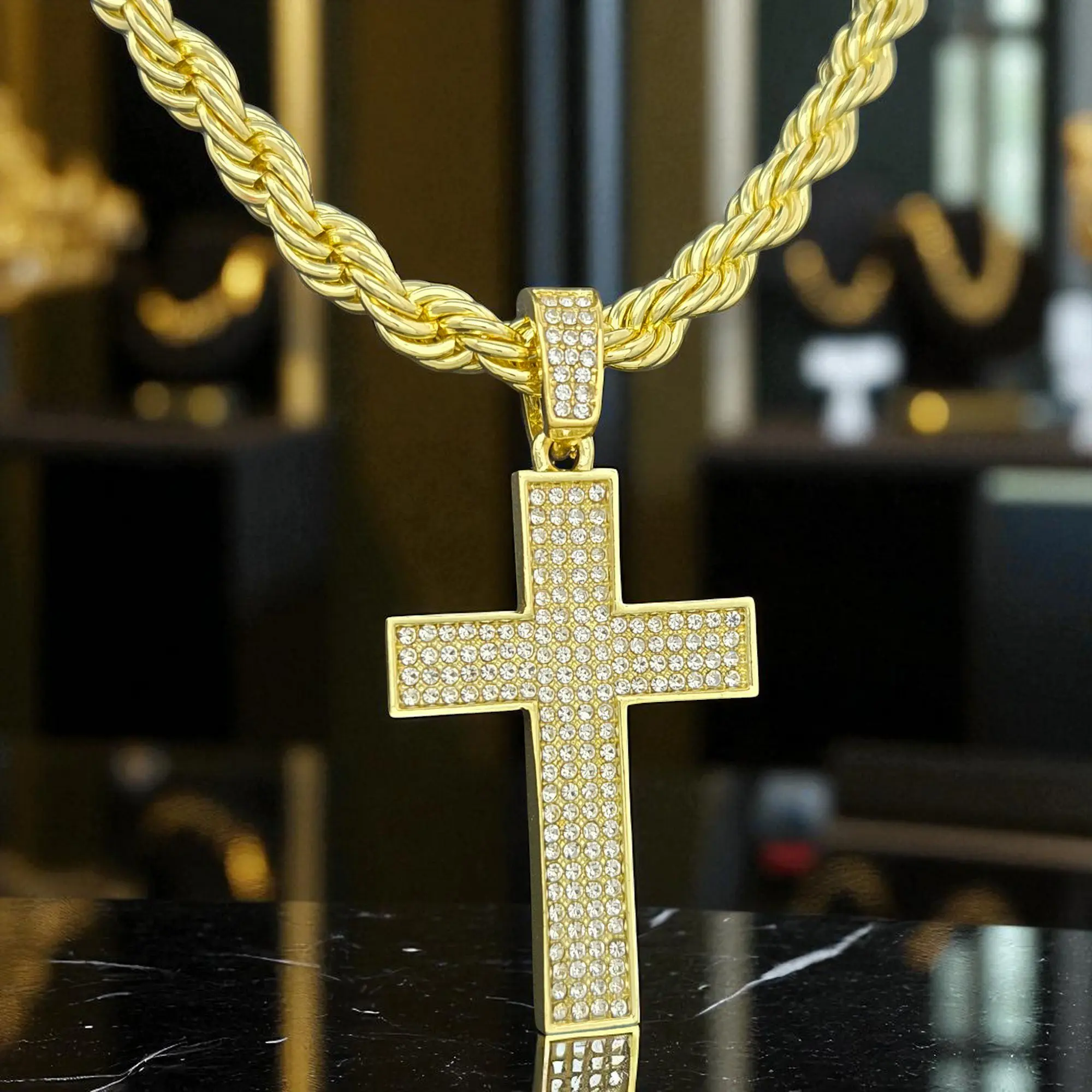 MaxBling81 Cross Necklaces for Men, Gold-Plated Large Cross Pendant with Cubic Zirconia, Christian Style Religious Jewelry on a 24-Inch 8mm Thick Rope Chain, Pendant & Chain, Durable, Daily Wear, Elegant, Crucifix Necklaces, Silver Cross Necklaces
