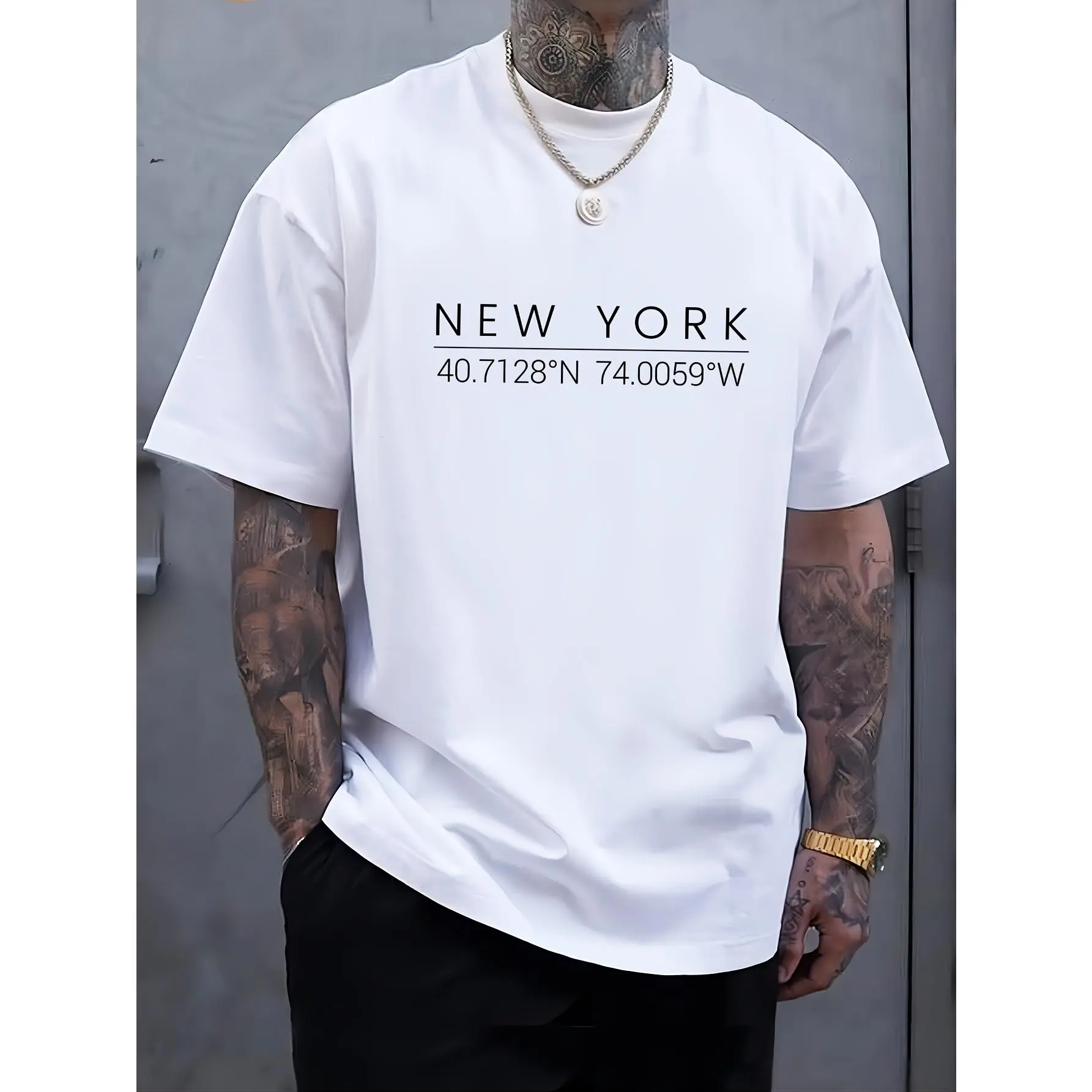 Men's Classic Ribbed New York Letter Print Crew Neck Short-Sleeve Tee - Comfy Breathable Geometric Pattern Polyester Alternative Seamless Regular Fit Machine-Washable Summer Casual Essential, Shortsleeve, Tops, Knit, Fabric, Graphic, Menswear, Round Neck,
