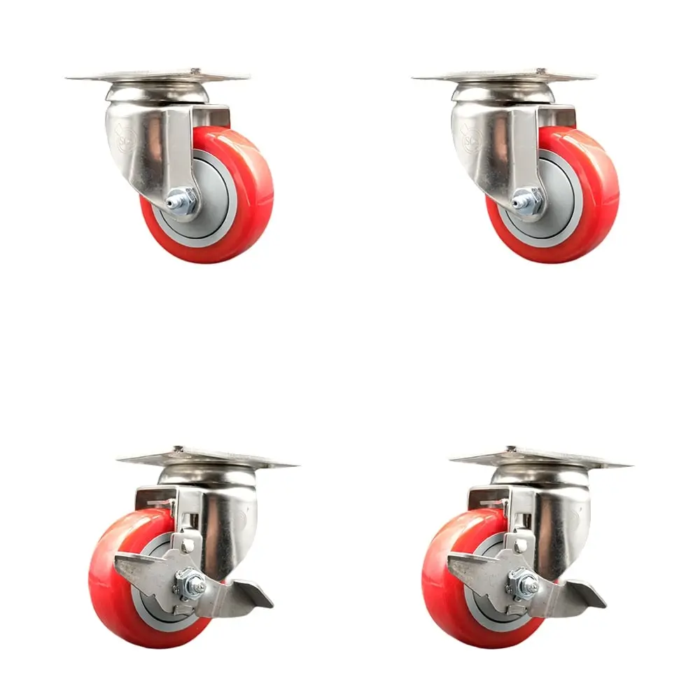 Service Caster SCC-SS31620S3514-PPUB-RED-2-TLB-2 Lockable Double Swivel Furniture Moving Wheel, Polyurethane Swivel Top Plate Caster with 3.5 in. 316 Stainless Steel Red Wheels - Set of 4, Double Swivel Wheels