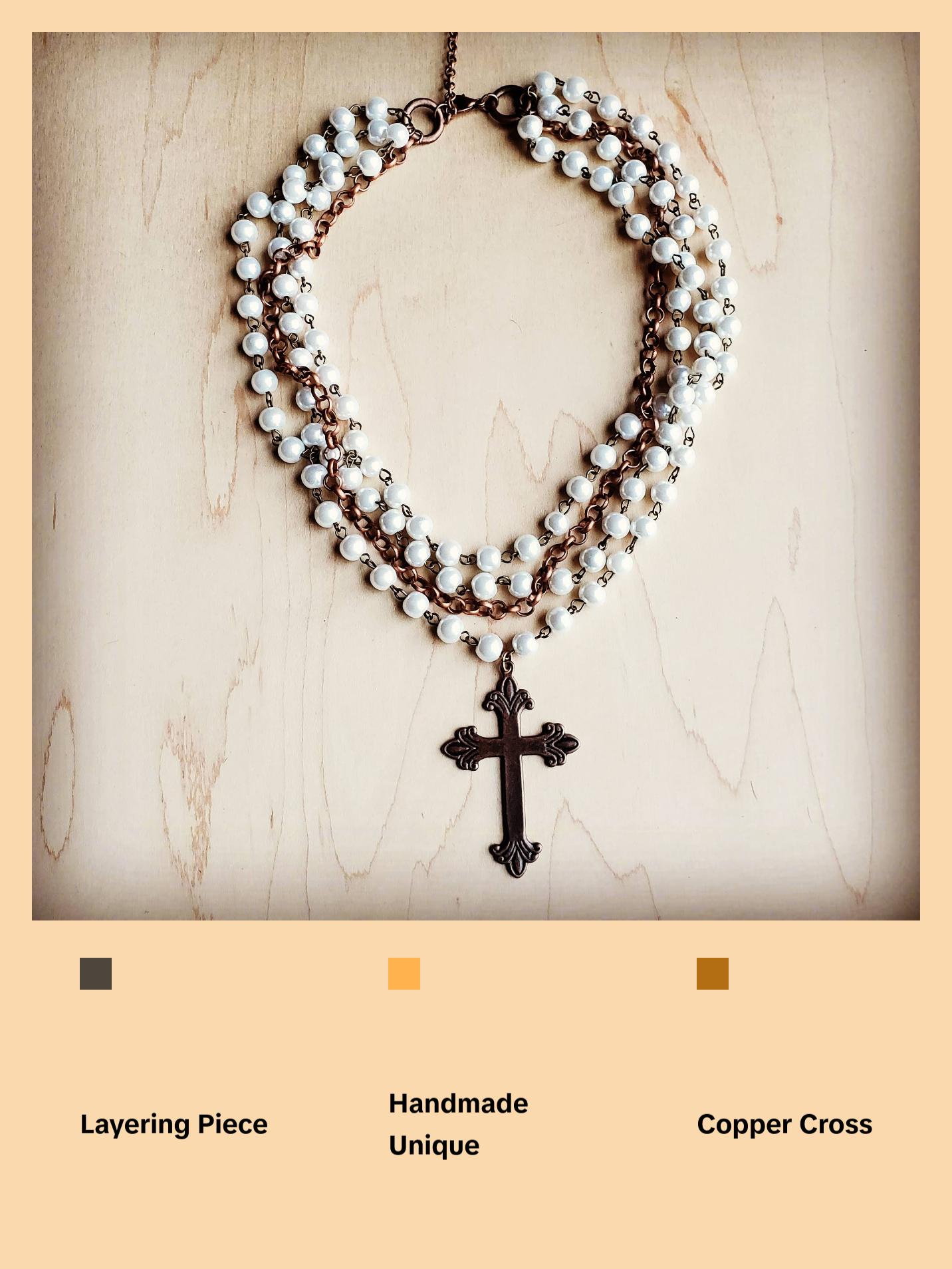 Pearl and Copper Beaded Collar Necklace with Copper Cross 114G