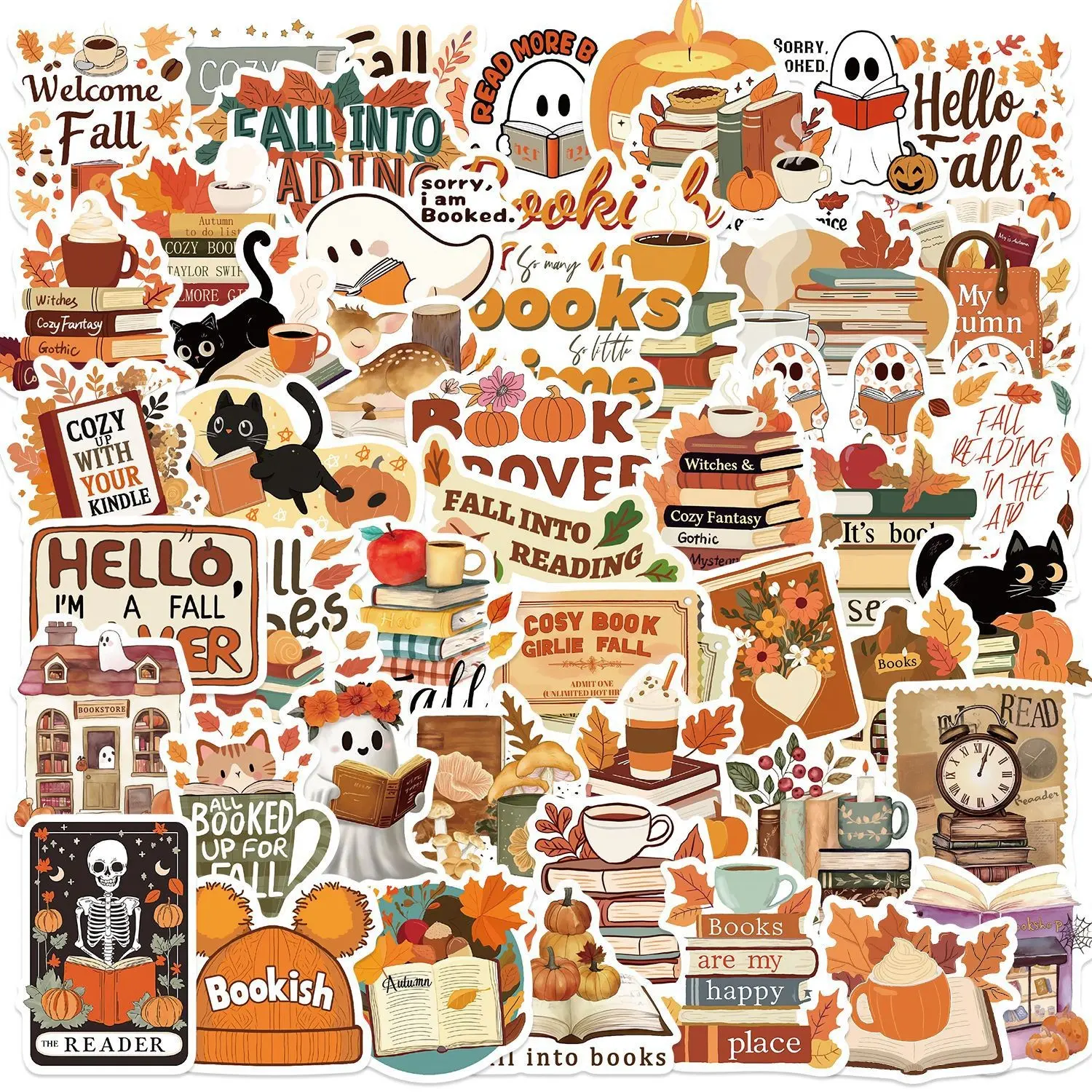 50 Autumn Book Reading Cartoon Stickers, Waterproof Graffiti Decals for Guitar Bags, Notebooks, Journals, Fall Theme Decorations, Scrapbook Stickers