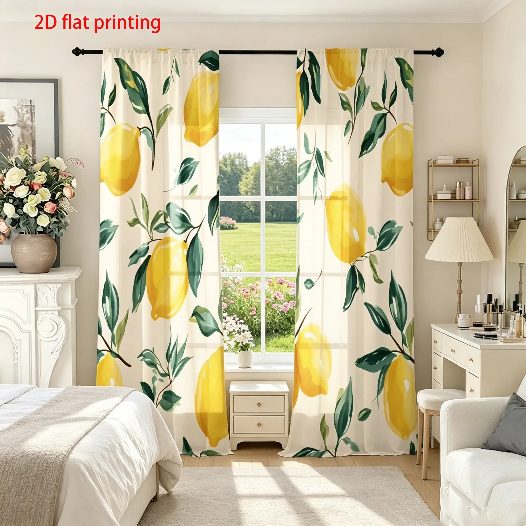 2-piece lemon printed curtains, Home Decorative Curtain, Home Decoration Curtain - modern farmhouse style, translucent with lemon and leaf patterns, machine washable polyester fabric, suitable for bedrooms, living rooms, kitchens