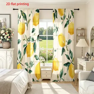 2-piece lemon printed curtains, Home Decorative Curtain - modern farmhouse style, translucent with lemon and leaf patterns, machine washable polyester fabric, suitable for bedrooms, living rooms, kitchens